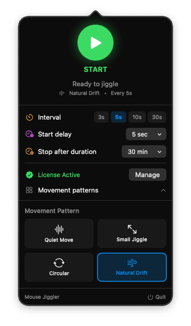 Jiggle Mouse app interface showing the main control panel with start and stop controls